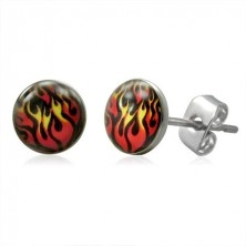 Earrings made of surgical steel, flames on black base, studs