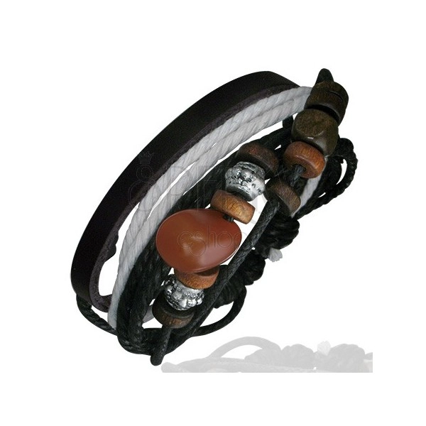 Leather Karma bracelet with beads and black and white laces