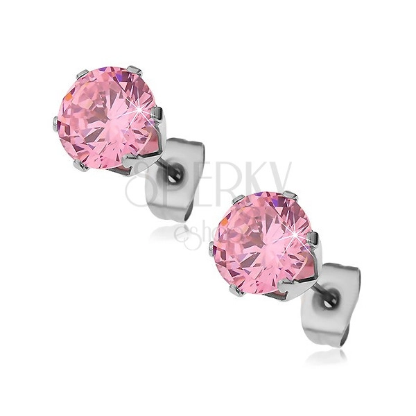Earrings made of surgical steel with pink zircon, 6 mm