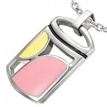 Steel pendant with cutouts and geometric shapes in yellow and pink colour