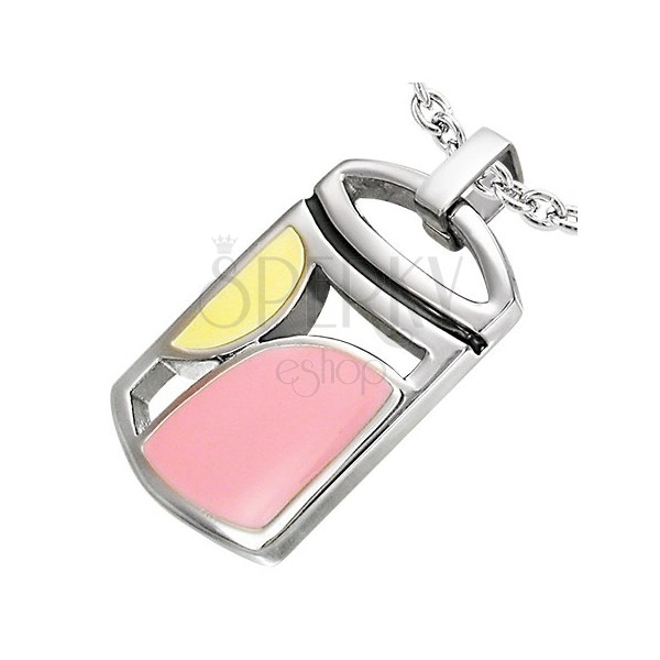 Steel pendant with cutouts and geometric shapes in yellow and pink colour
