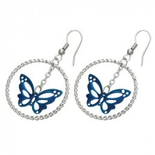 Steel earrings in silver colour, blue butterfly in circle, hooks