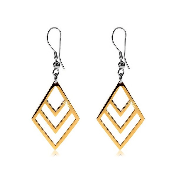 Earrings made of surgical steel in gold colour, rhombus contours, hooks