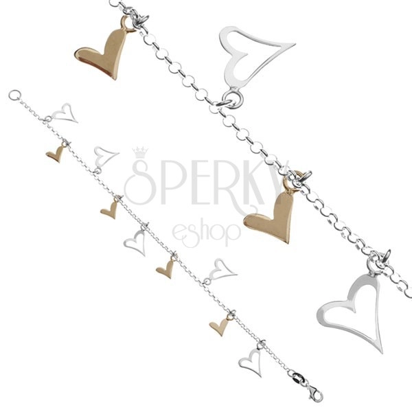 Silver chain bracelet 925 - two-tone heart pendants