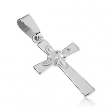 Silver pendant 925 - smooth cross with decorative flower in middle