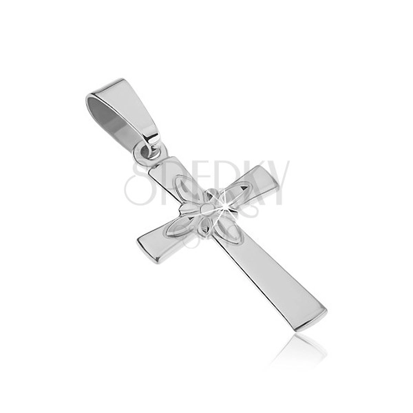 Silver pendant 925 - smooth cross with decorative flower in middle