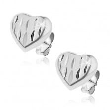 Silver stud earrings 925 - matt hearts with grain stripes