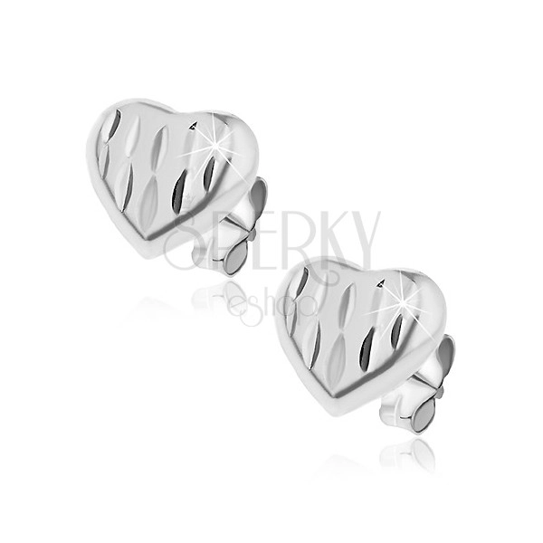 Silver stud earrings 925 - matt hearts with grain stripes