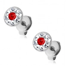 Steel earrings decorated with Swarovski crystals in clear and red colours