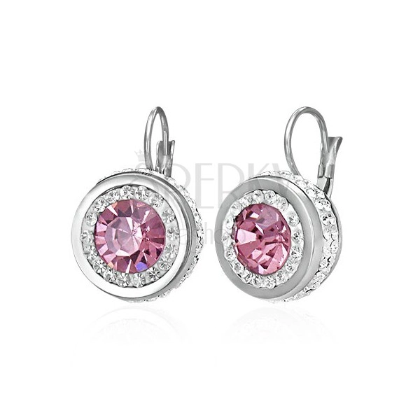 Earrings made of 316L steel with small zircons and big pink zircon