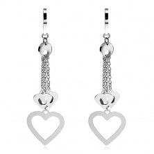 Earrings made of surgical steel, hearts on chain, silver colour