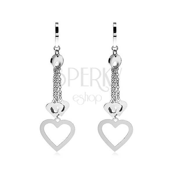 Earrings made of surgical steel, hearts on chain, silver colour