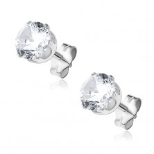 Silver stud earrings 925 - clear cut zircon in mount, 6 mm