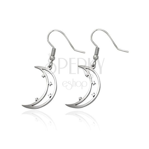 Steel earrings in silver colour, moon with stars, Afrohooks