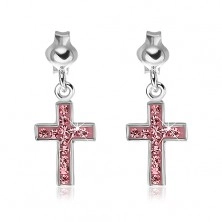 Stud earrings made of 925 silver - dangling pink cross with zircons