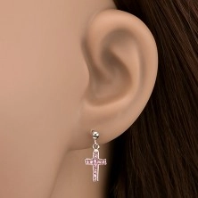 Stud earrings made of 925 silver - dangling pink cross with zircons