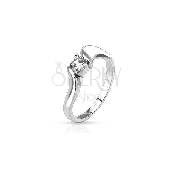 Ring made of steel - round clear zircon in middle and wavy arms