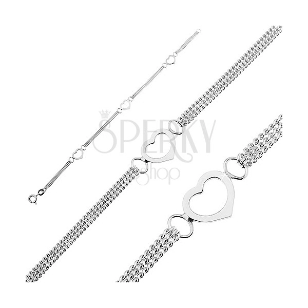 Silver bracelet 925 - three hearts and multi chainlet
