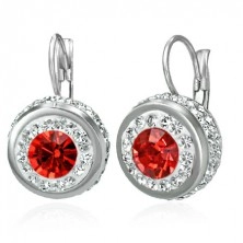 Steel earrings with red zircon and small zircons along the perimeter
