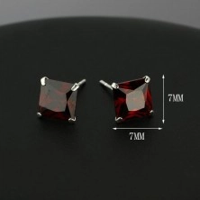 Silver earrings, 925 - square red zircons, 7 mm, studs