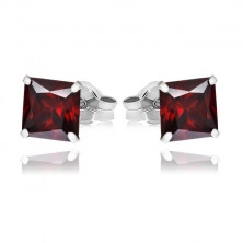 Silver earrings, 925 - square red zircons, 7 mm, studs