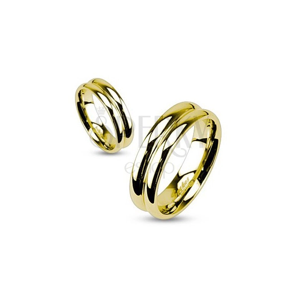 Steel ring v gold color with groove in middle