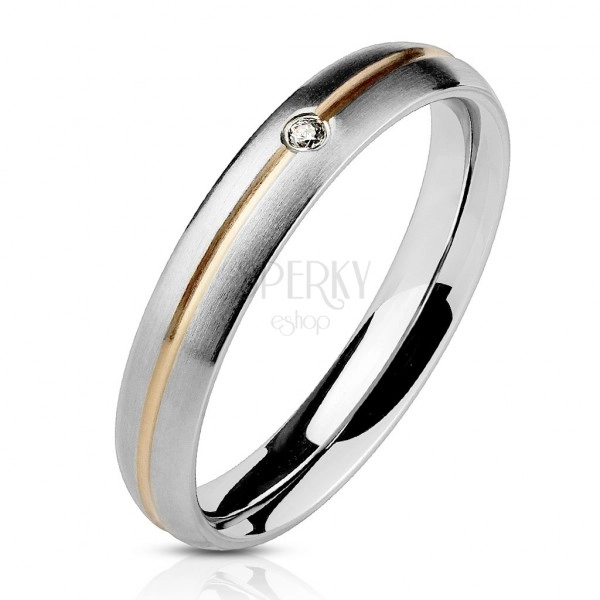 Steel ring - silvery, golden central groove and zircon