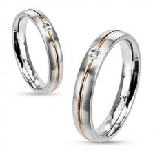 Steel ring - silvery, golden central groove and zircon