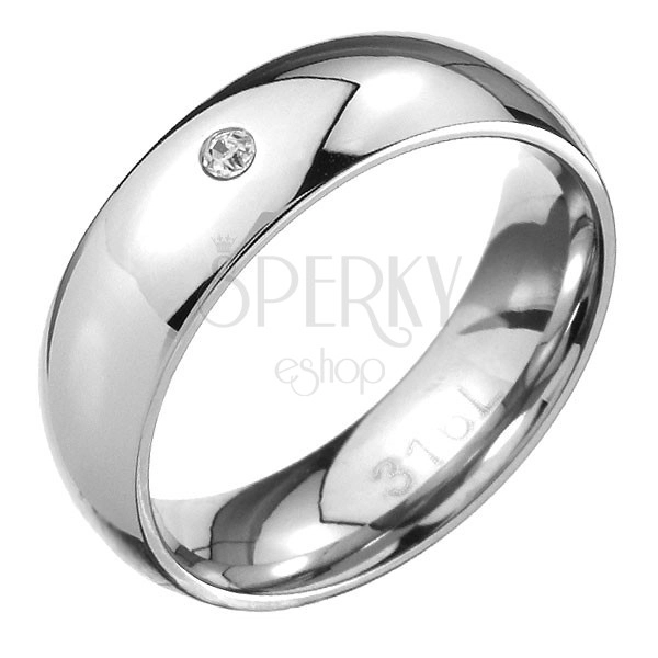 Steel ring - mirror-shine rounded surface, clear little zircon 