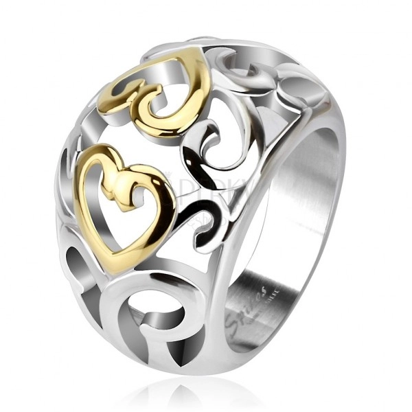 Steel ring with cut-out ornament, gold and silver