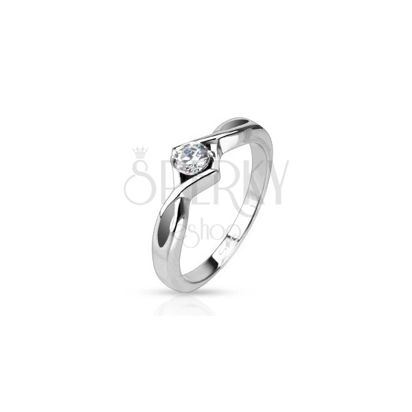 Ring made of steel - separated and crossed arms, round clear zircon