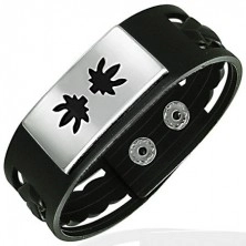 Rubber bracelet with braided pattern and metal rectangle with leaves