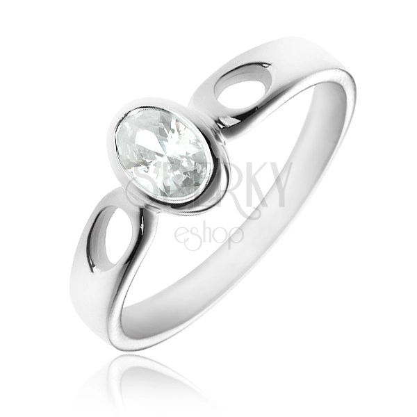 Silver ring - oval clear zircon, arms with little tears