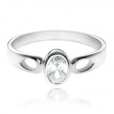 Silver ring - oval clear zircon, arms with little tears