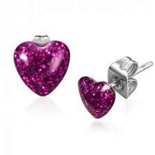 Earrings made of steel - shimmering pink heart, studs