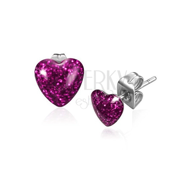Earrings made of steel - shimmering pink heart, studs