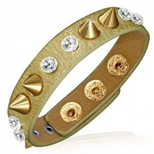 Leather bracelet - golden band with clear rhinestones and golden cones