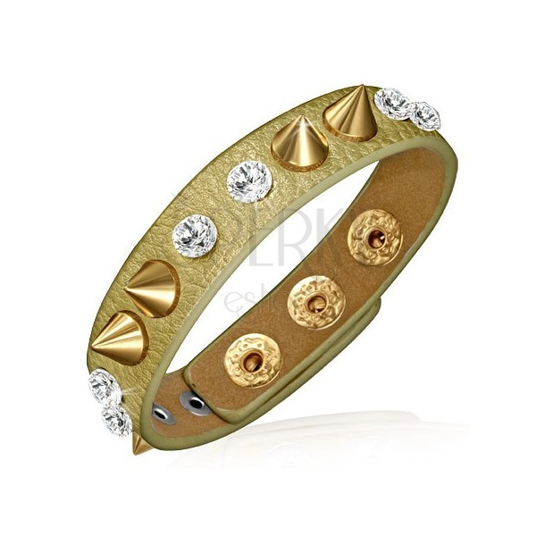 Leather bracelet - golden band with clear rhinestones and golden cones