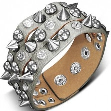 Bracelet made of leather - silvery with point, hemisphere and rhinestone