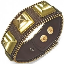 Massive leather bracelet - brown with golden pyramids, zipper