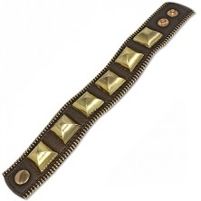 Massive leather bracelet - brown with golden pyramids, zipper