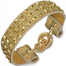 Bracelet made of leather - golden with pyramids and circular closure