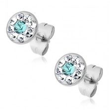 Steel earrings with lightblue and clear Swarovski crystals, stud earrings