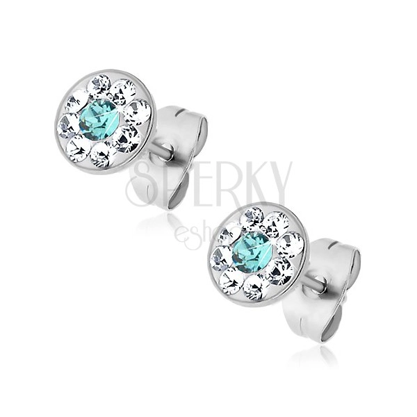 Steel earrings with lightblue and clear Swarovski crystals, stud earrings