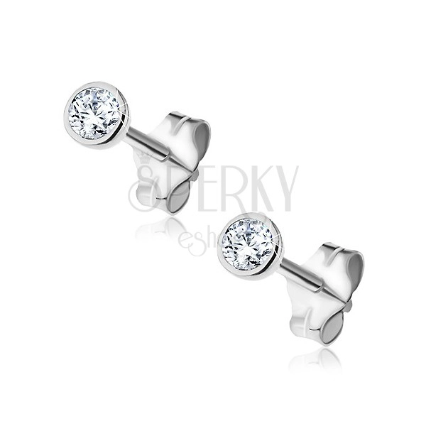 Silver earrings - clear zircon in round mount, 3 mm