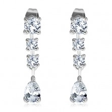Steel earrings, three round zircons and cut teardrop in clear colour, studs