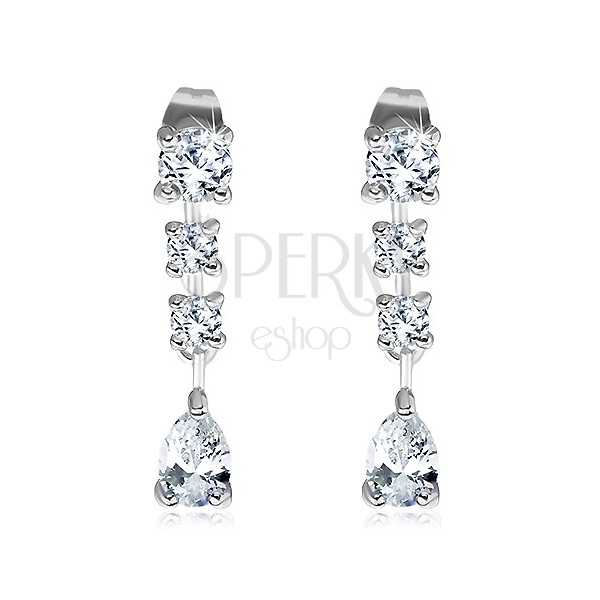 Steel earrings, three round zircons and cut teardrop in clear colour, studs