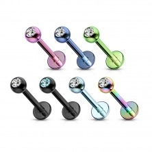 Stainless steel labret - ball with zircon, surface anodized with titanium