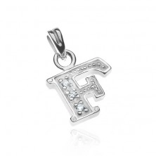 Silver pendant - shape of the block letter F with zircons
