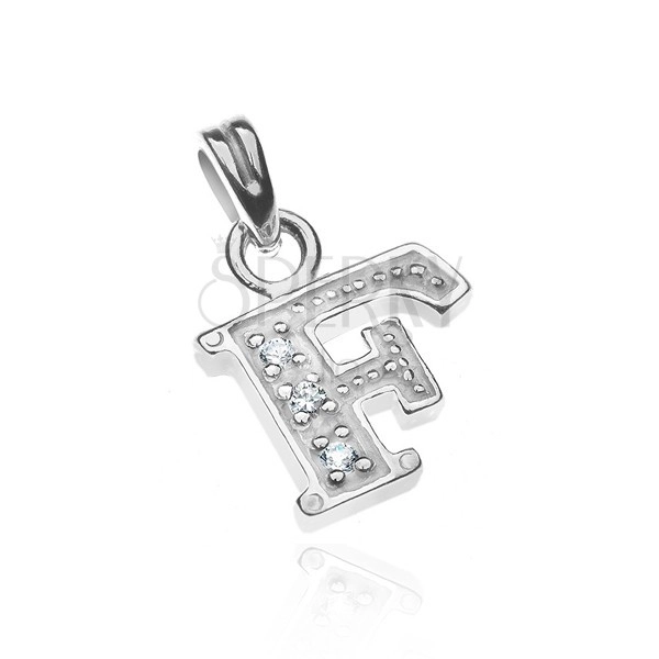 Silver pendant - shape of the block letter F with zircons
